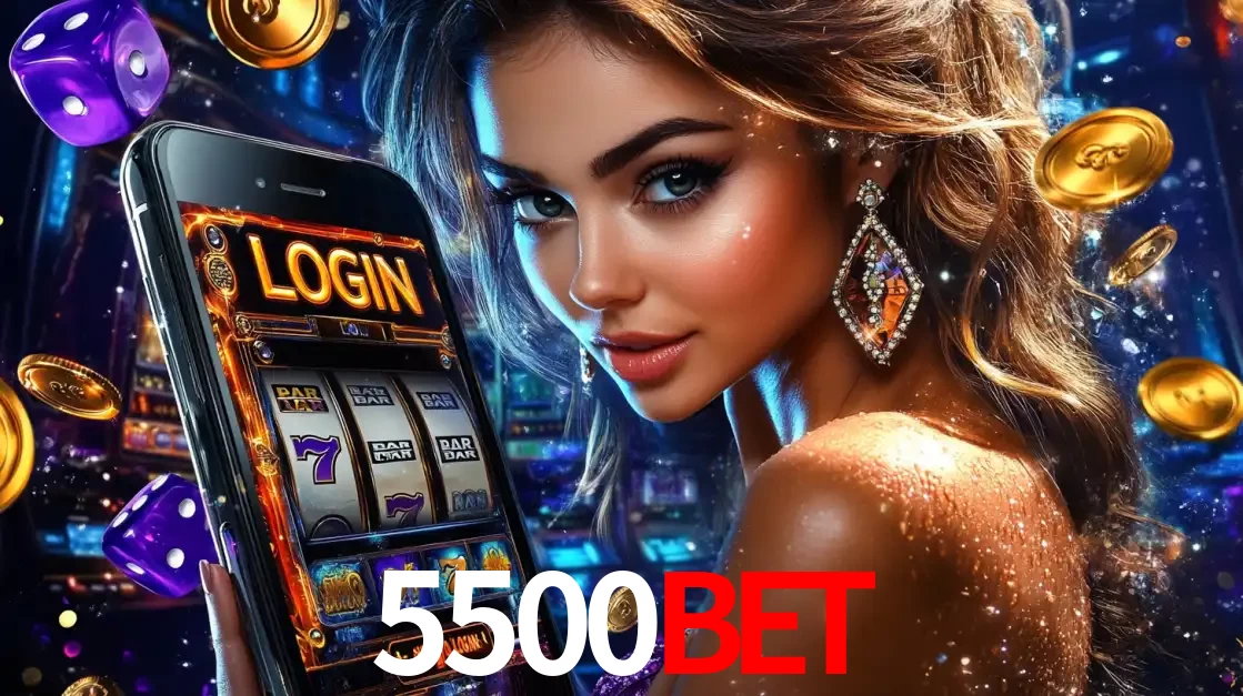 Mulher glamorosa segurando um smartphone com a tela de login para os jogos de caça-níqueis do cassino online 5500bet, com moedas de ouro e dados ao redor.