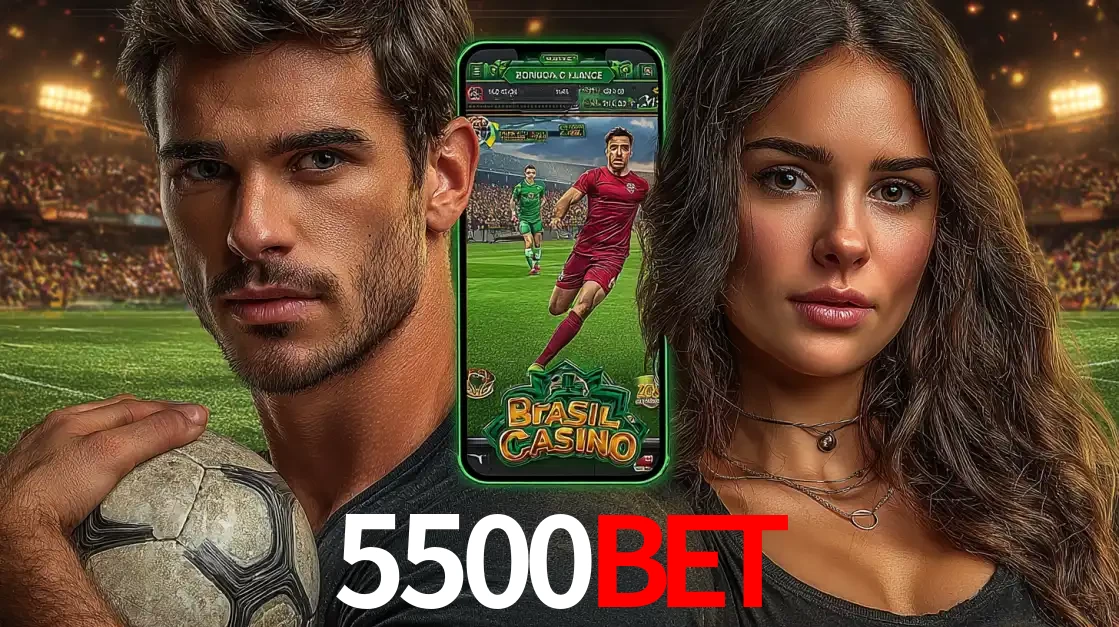 Homem segurando uma bola de futebol e uma mulher ao lado de um smartphone exibindo o jogo de apostas esportivas da 5500bet. Faça seu palpite no cassino online.